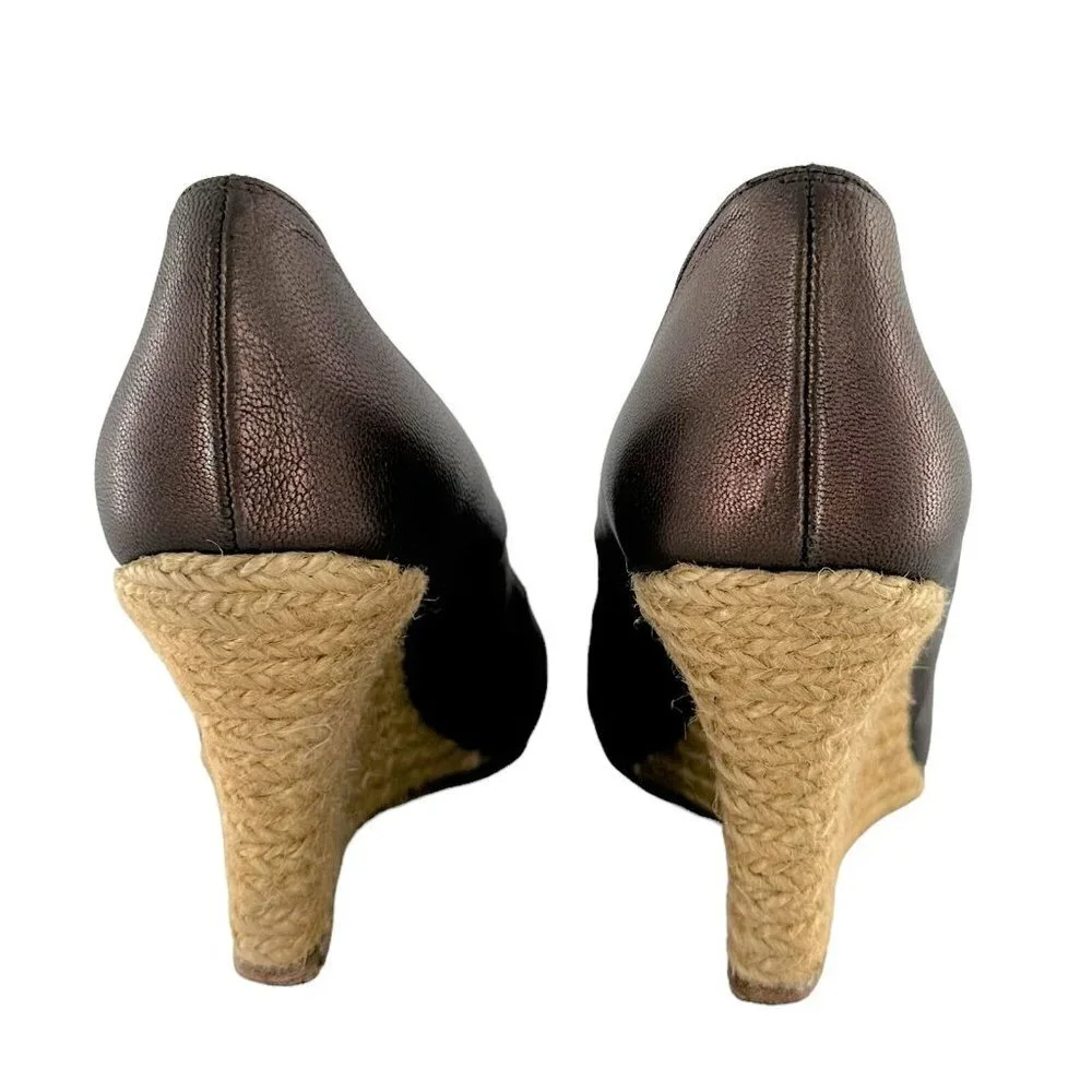 LANVIN Bronze Metallic Brown Leather Espadrille Wedge Heels Size 39